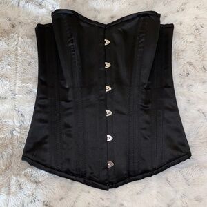 NWOT Black Satin Double Steel Boned Overbust Corset Waist Trainer Lace Up S